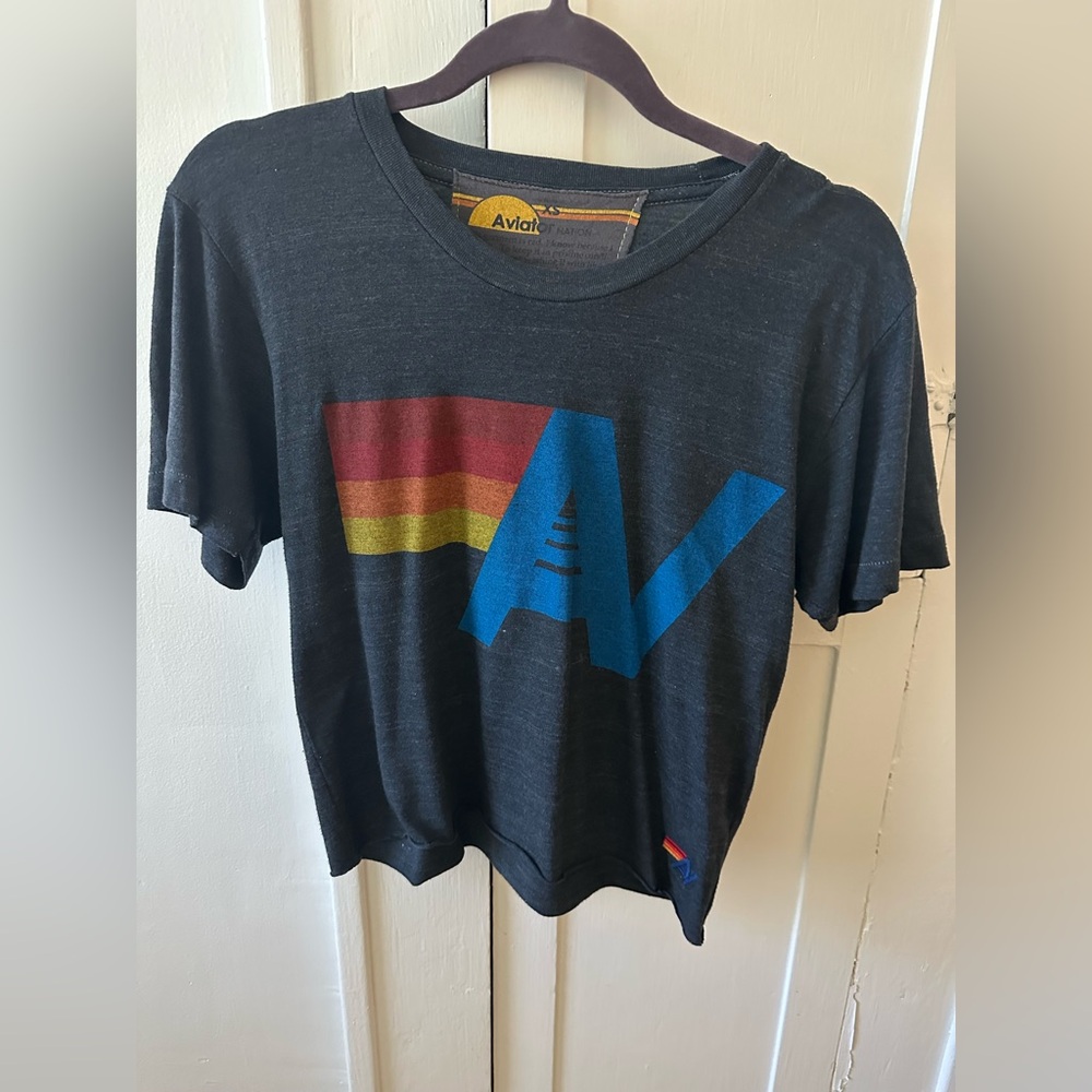 Aviator Nation Black Tee with Blue, Red & Yellow Logo